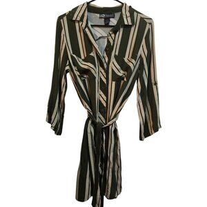 Striped Olive & Beige Long Sleeve Button-Up Shirt Dress‎ Size S